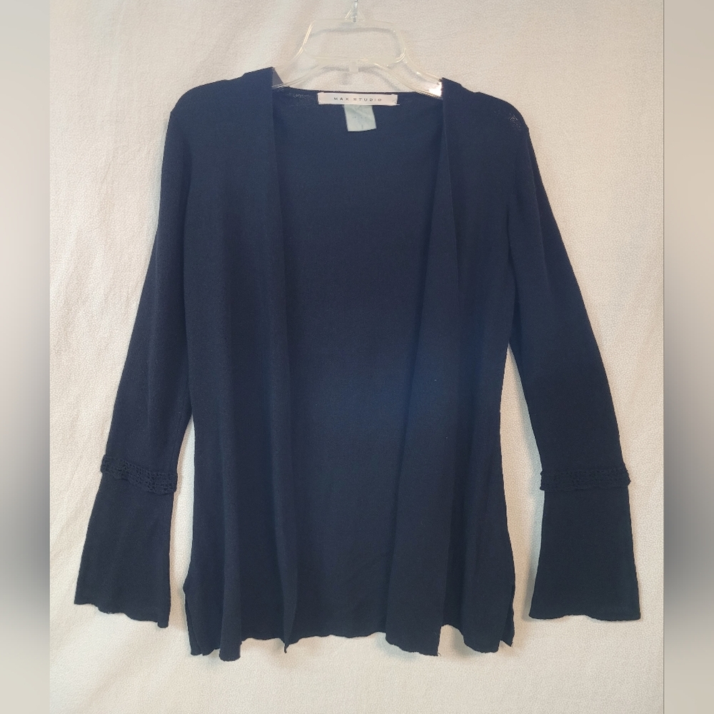 Black Cardigan Open Front Bell Sleeve Cardigan w/ crochet, Womens Med Whimsigoth